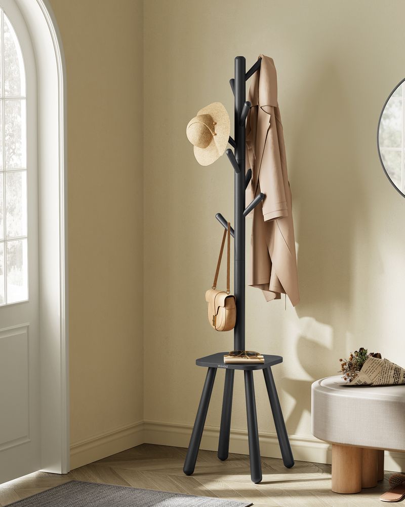 Free Standing Coat Stand With 8 Hooks – Storage Shelf – Entryway Organizer