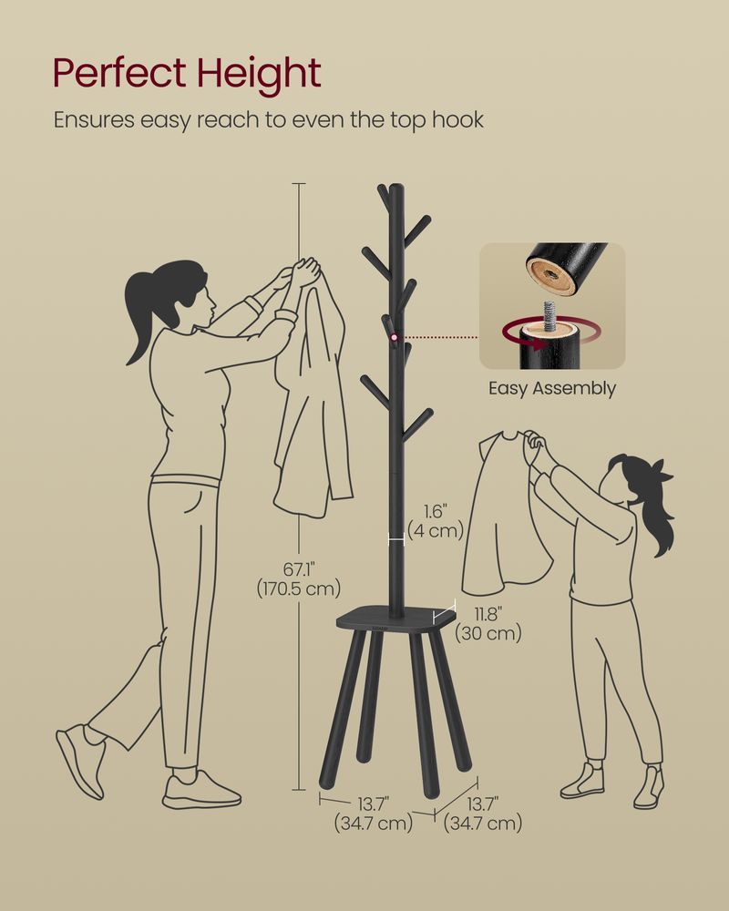 Free Standing Coat Stand With 8 Hooks – Storage Shelf – Entryway Organizer