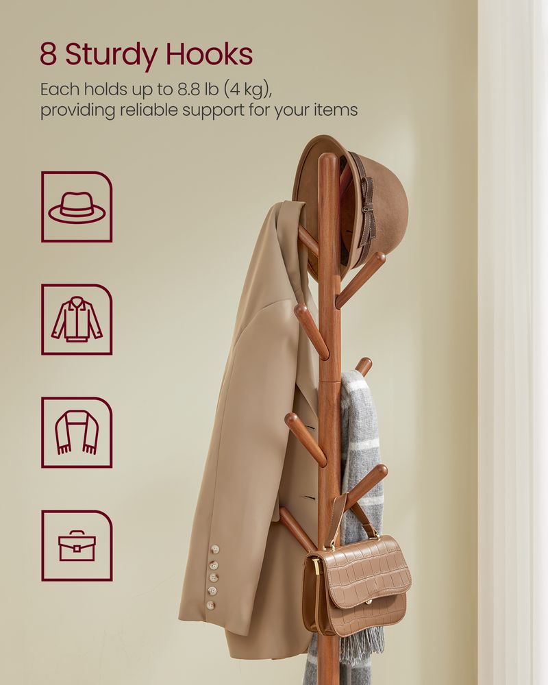 Free Standing Coat Stand With 8 Hooks – Storage Shelf – Entryway Organizer