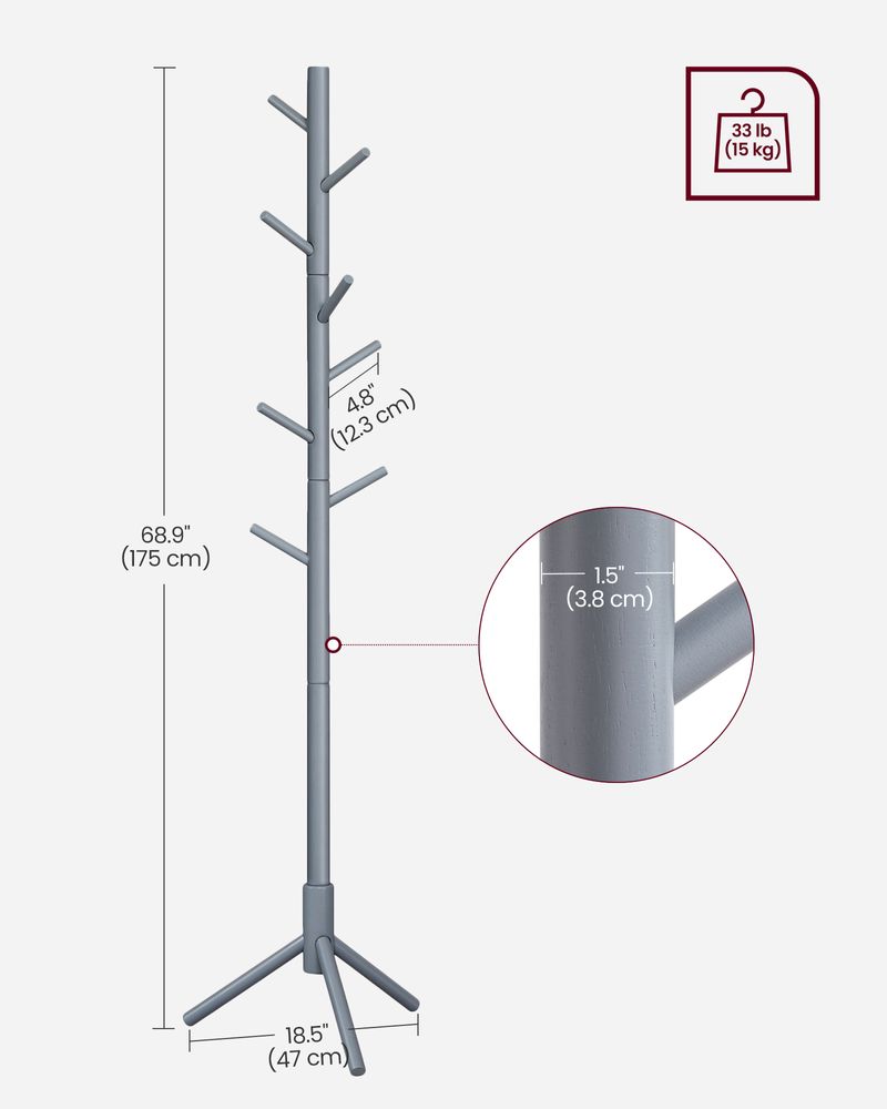 Solid Wood Coat Rack - Freestanding - 8 Hook Design