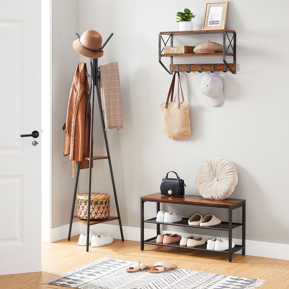 Coat Hanger Stand - Hall Tree With 2 Shelves - Entryway Organizer