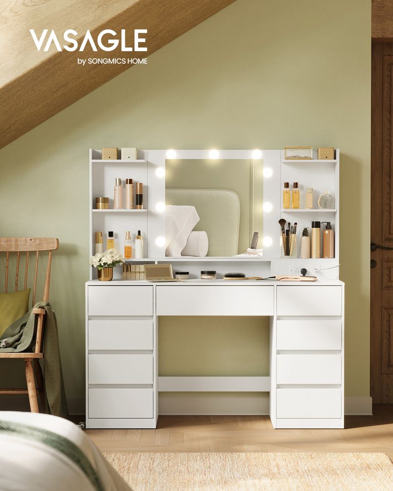 Vanity Desk – LED Mirror & Charging Station – Makeup Vanity With Storage