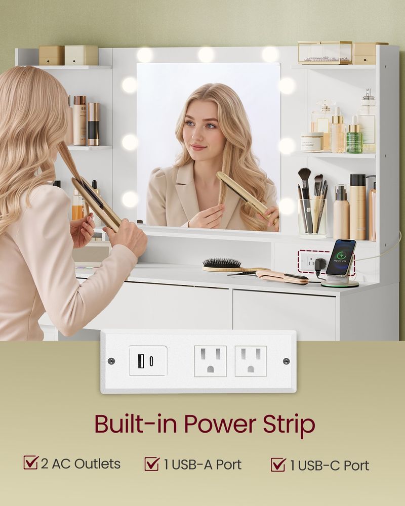 Vanity Desk – LED Mirror & Charging Station – Makeup Vanity With Storage