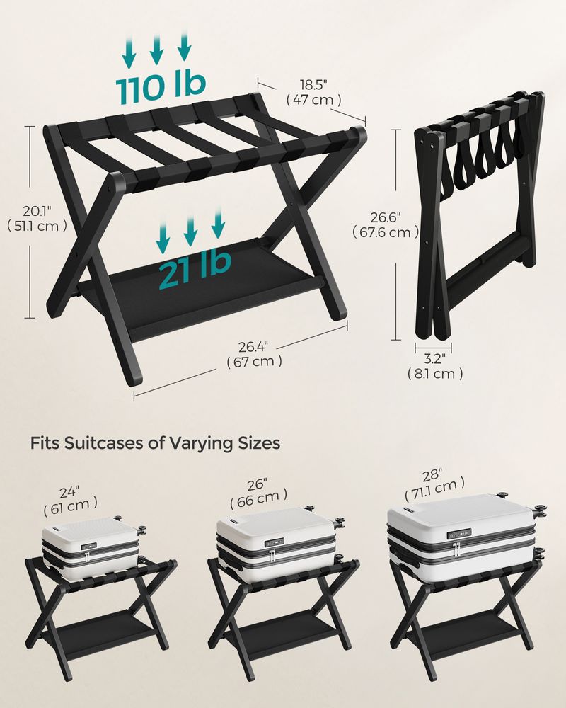 Luggage Rack - Folding With Storage Shelf - Guest Room Stand