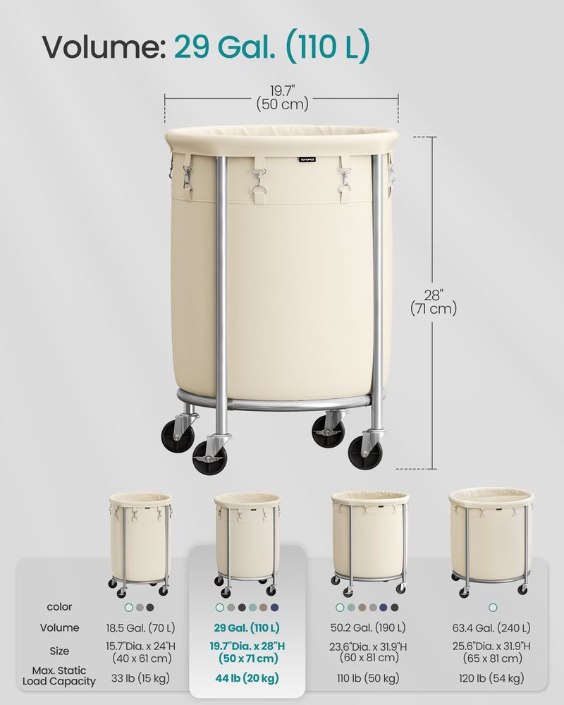 29 Gallon Laundry Basket With Wheels Removable Bag Rolling Hamper