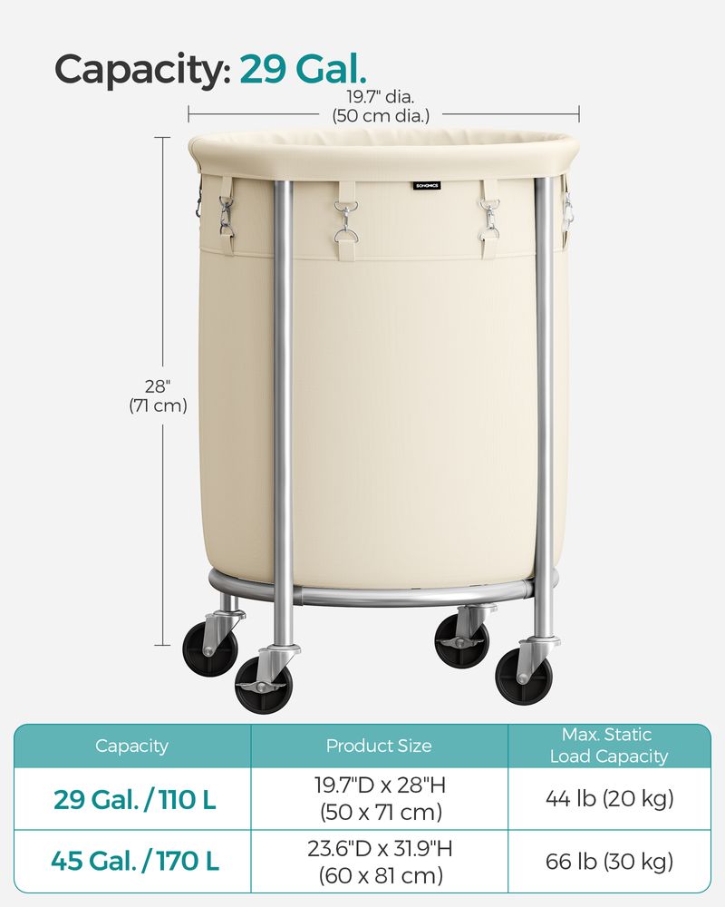 Laundry Basket - Round Rolling Hamper - With Wheels