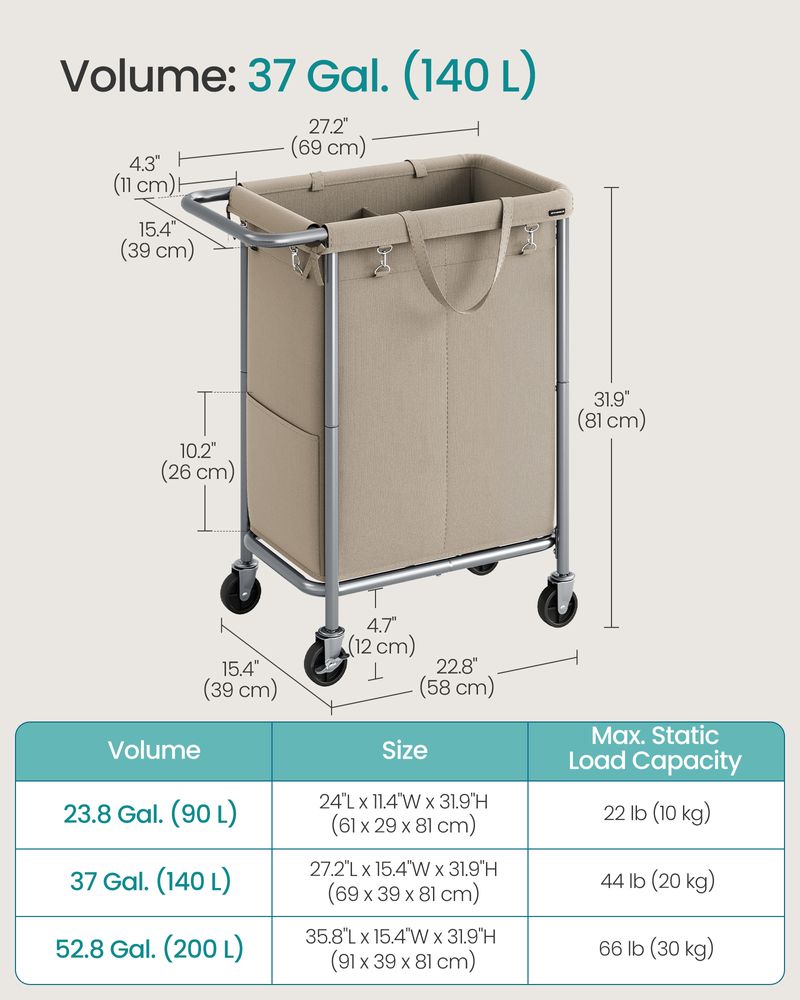 Laundry Basket With Wheels - Removable Liner - Steel Frame