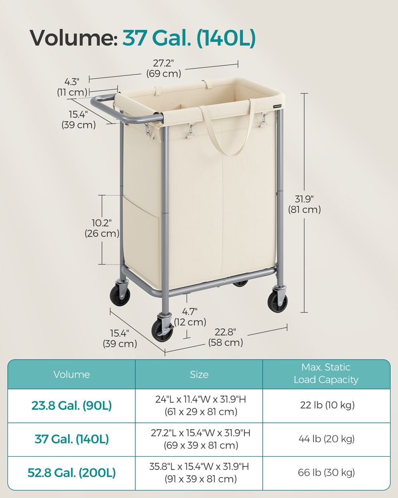 Laundry Basket With Wheels - Removable Liner - Steel Frame