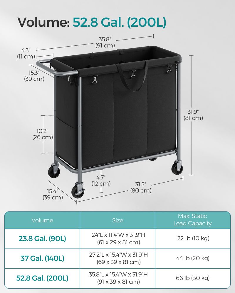 Laundry Basket With Wheels - Removable Liner - Steel Frame