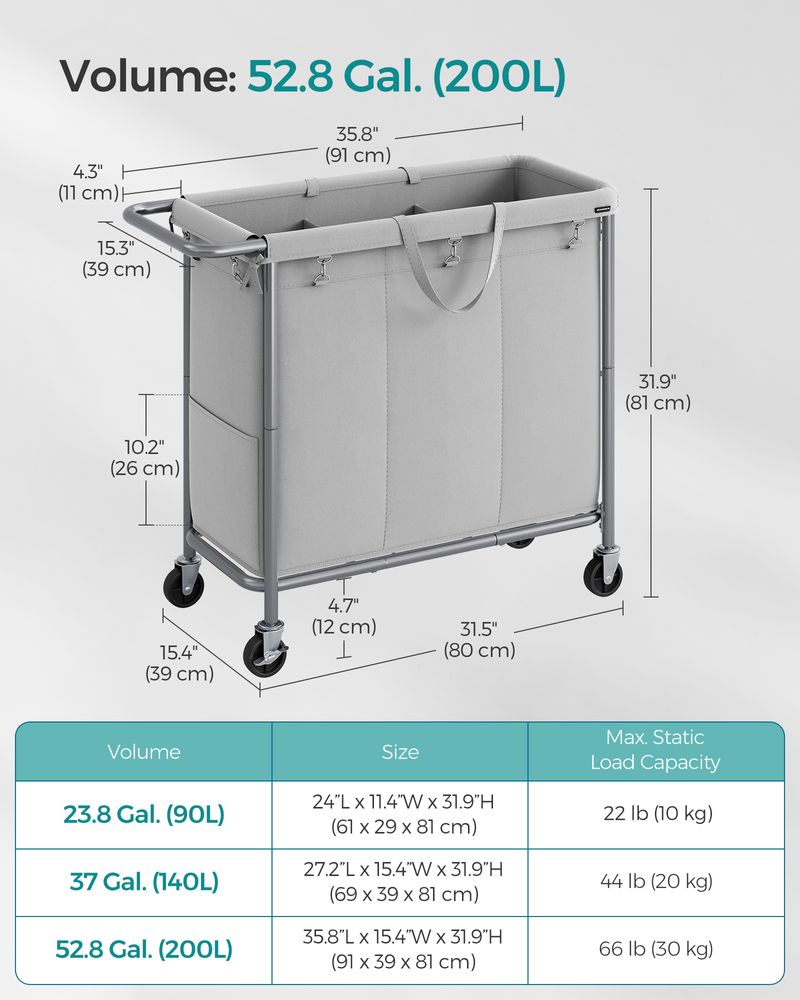 Laundry Basket With Wheels - Removable Liner - Steel Frame