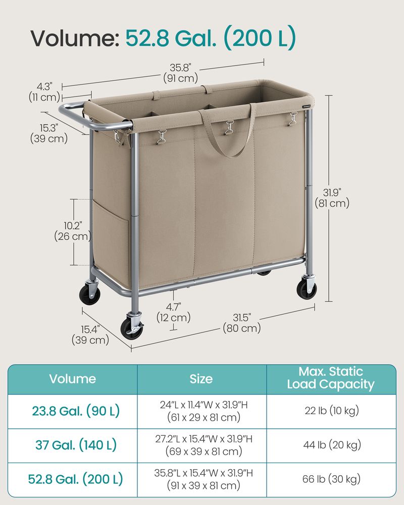 Laundry Basket With Wheels - Removable Liner - Steel Frame