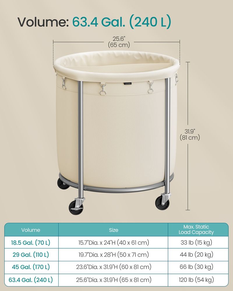 29 Gallon Laundry Basket With Wheels Removable Bag Rolling Hamper