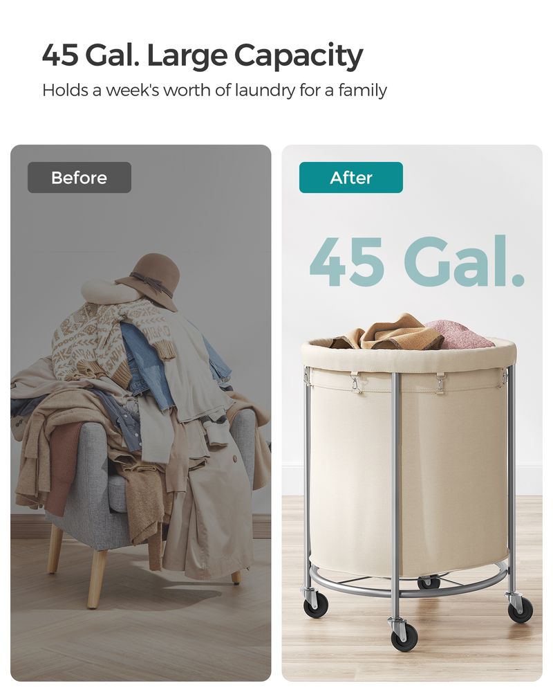 Laundry Basket - Round Rolling Hamper - With Wheels