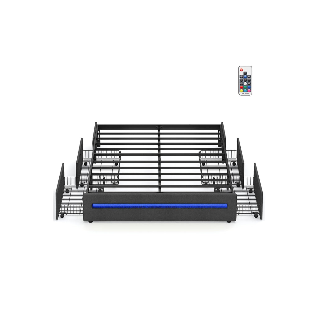 Full LED Bed Frame with Charging Station – 4 Storage Drawers