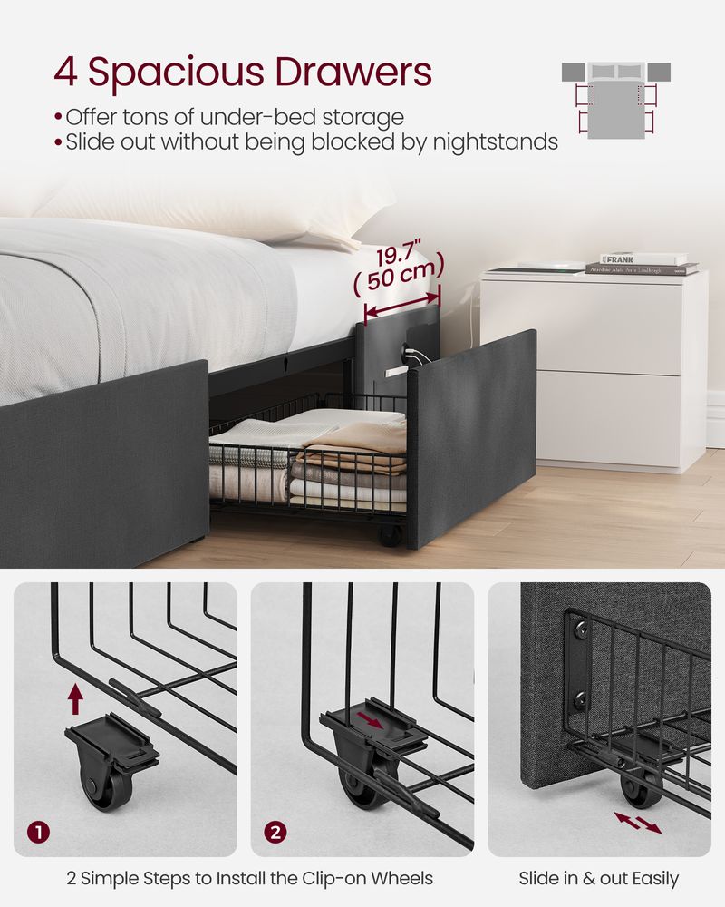 Full LED Bed Frame with Charging Station – 4 Storage Drawers