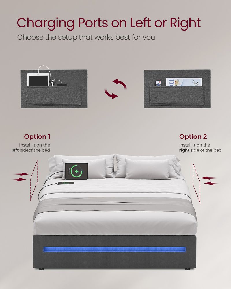 Full LED Bed Frame with Charging Station – 4 Storage Drawers