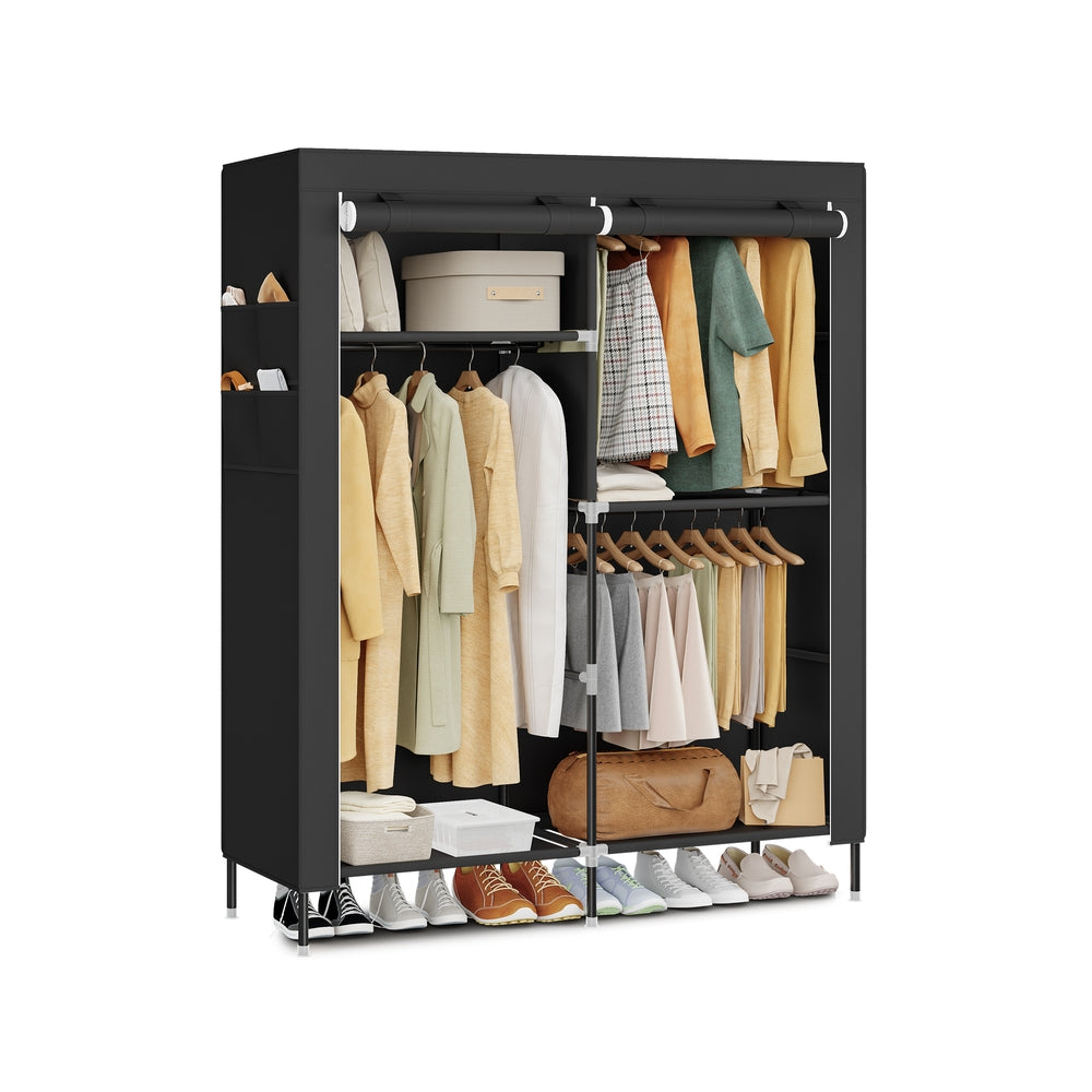 Portable Closet Fabric Wardrobe With 3 Hanging Rods Storage Organizer