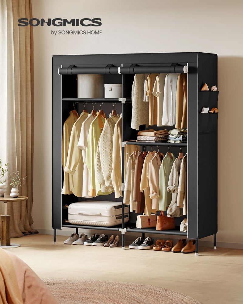 Portable Closet Fabric Wardrobe With 3 Hanging Rods Storage Organizer