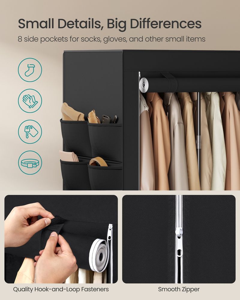 Portable Closet Fabric Wardrobe With 3 Hanging Rods Storage Organizer