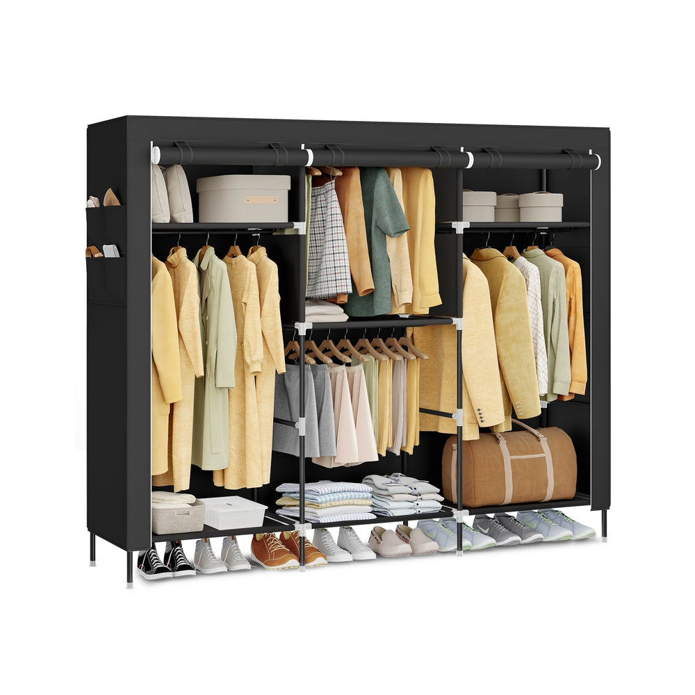 Portable Closet Fabric Wardrobe With 3 Hanging Rods Storage Organizer