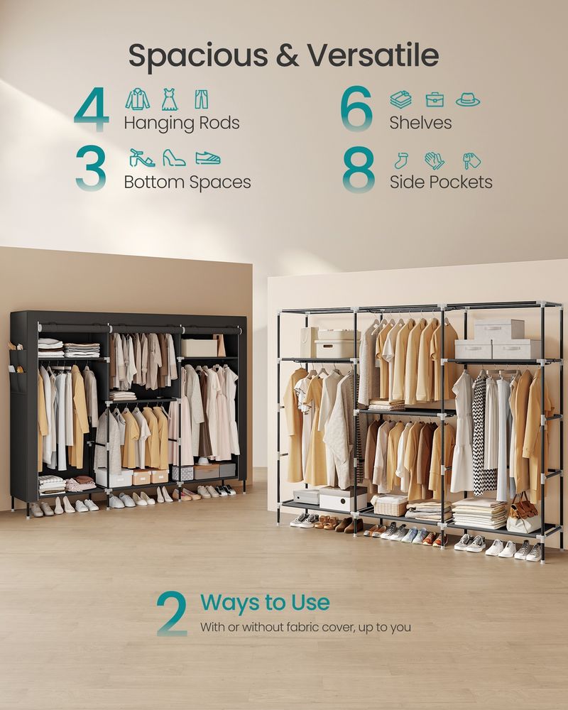 Portable Closet Fabric Wardrobe With 3 Hanging Rods Storage Organizer