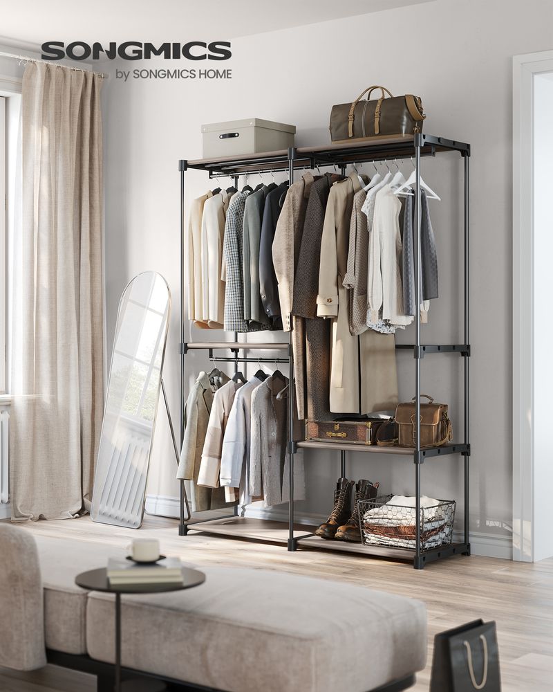 Freestanding Closet Organizer With Shelves and Hanging Rods