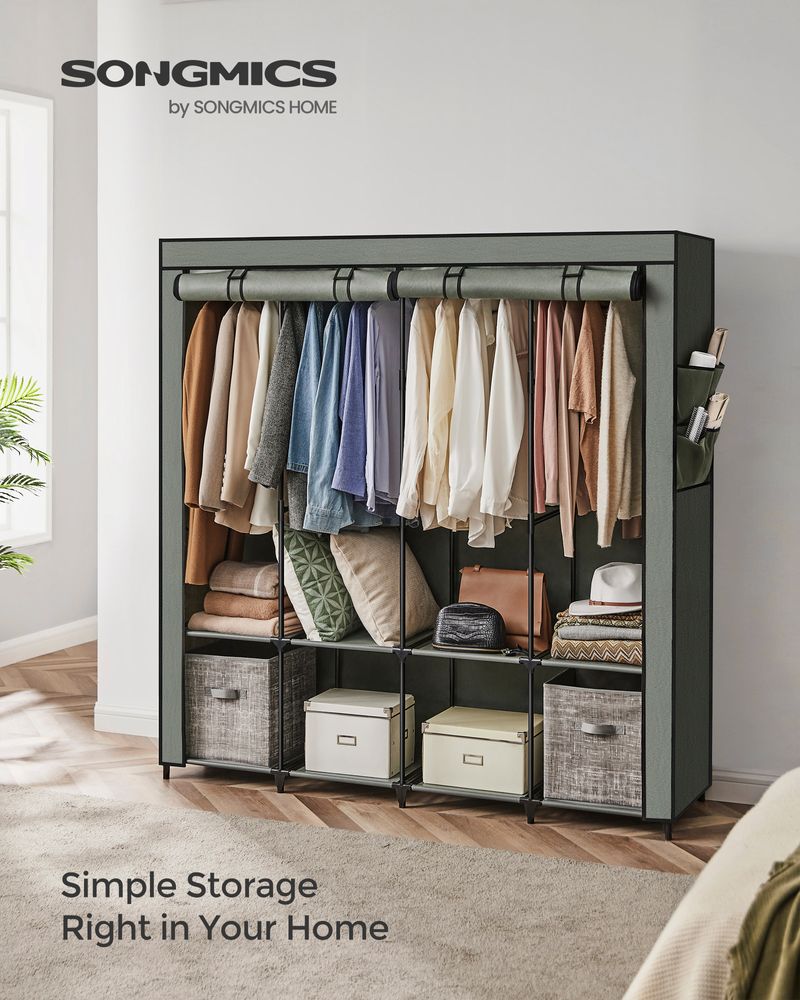 Wardrobe Closet Organizer With Cover - Hanging Rails Shelves