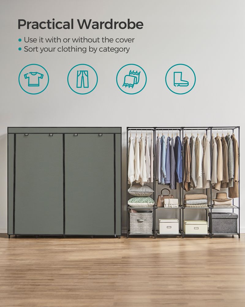 Wardrobe Closet Organizer With Cover - Hanging Rails Shelves