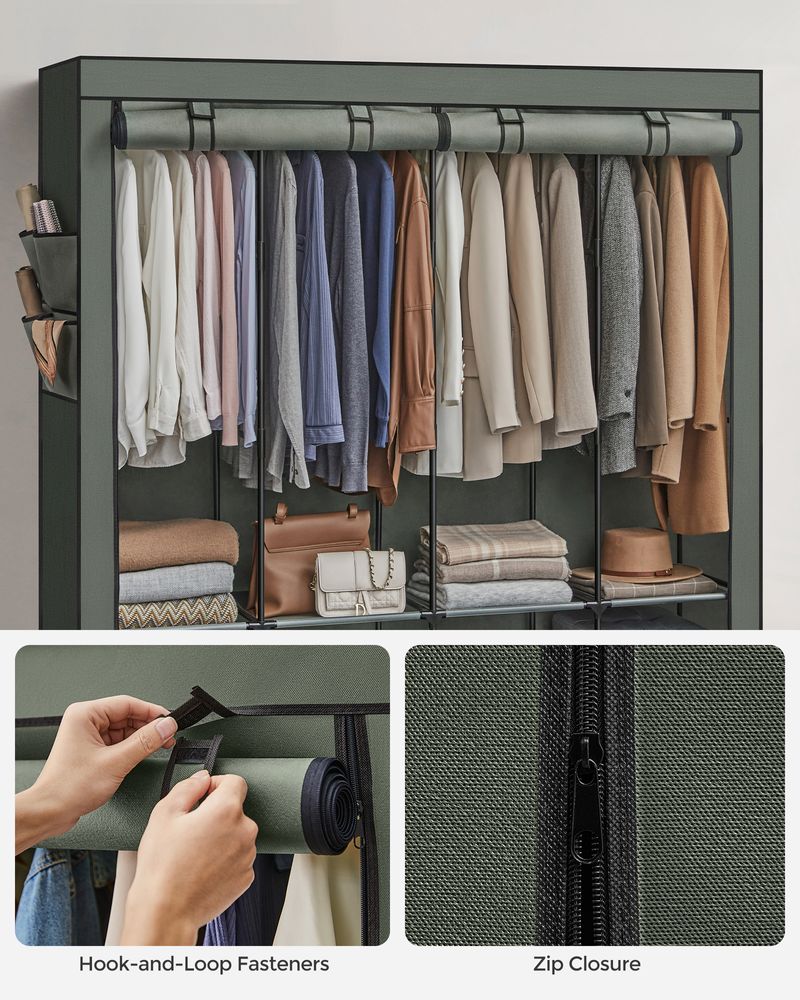 Wardrobe Closet Organizer With Cover - Hanging Rails Shelves