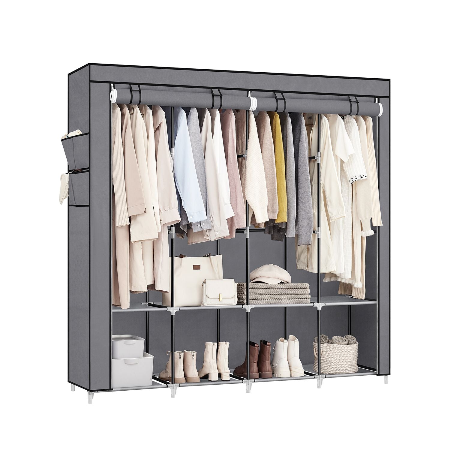 Wardrobe Closet Organizer With Cover - Hanging Rails Shelves