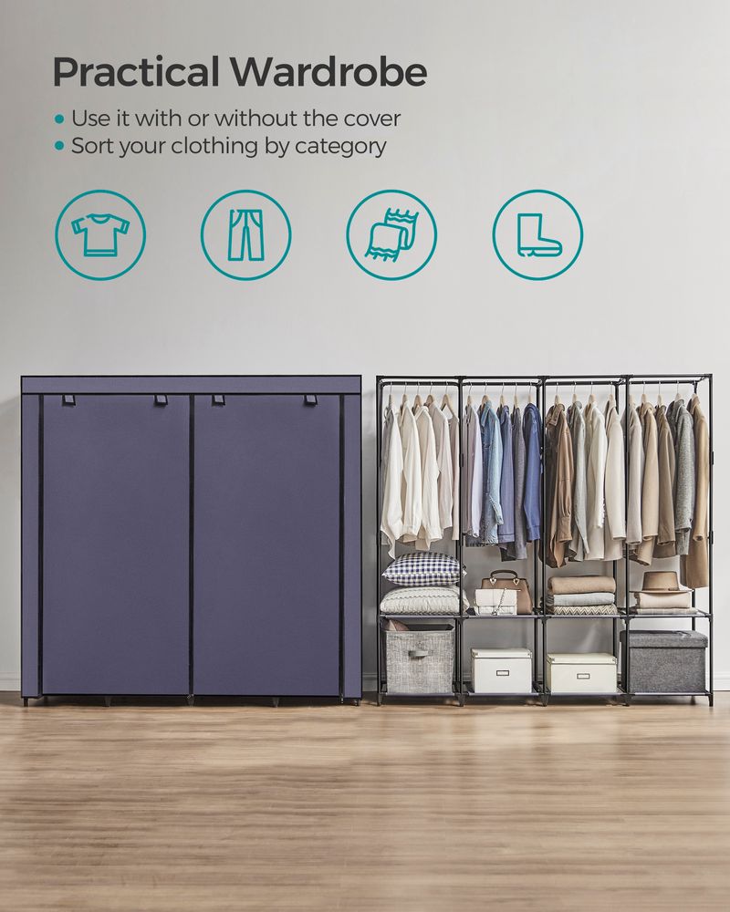 Wardrobe Closet Organizer With Cover - Hanging Rails Shelves
