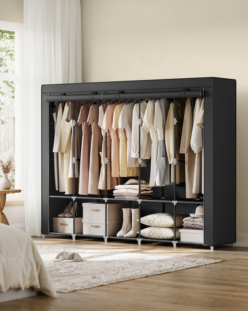 Wardrobe Closet Organizer With Cover - Hanging Rails Shelves