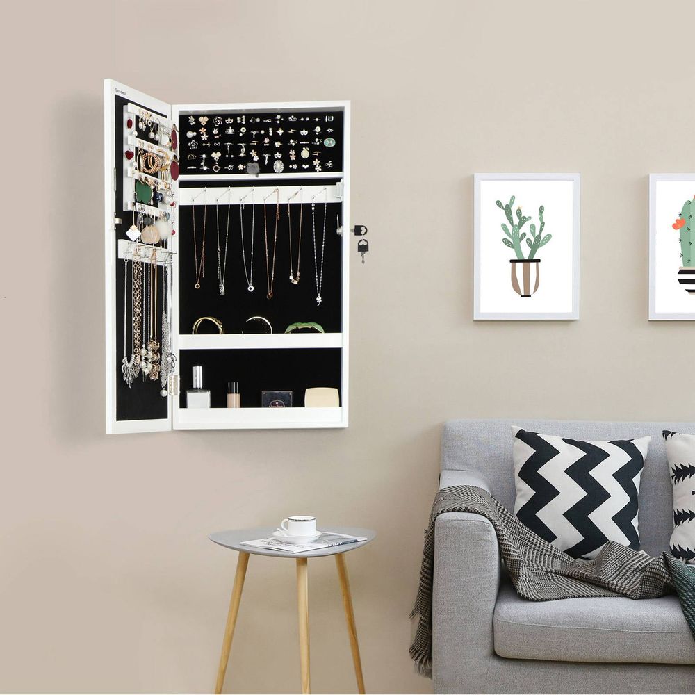 Jewelry Cabinet Armoire - Lockable Mirror - Wall Mounted Storage