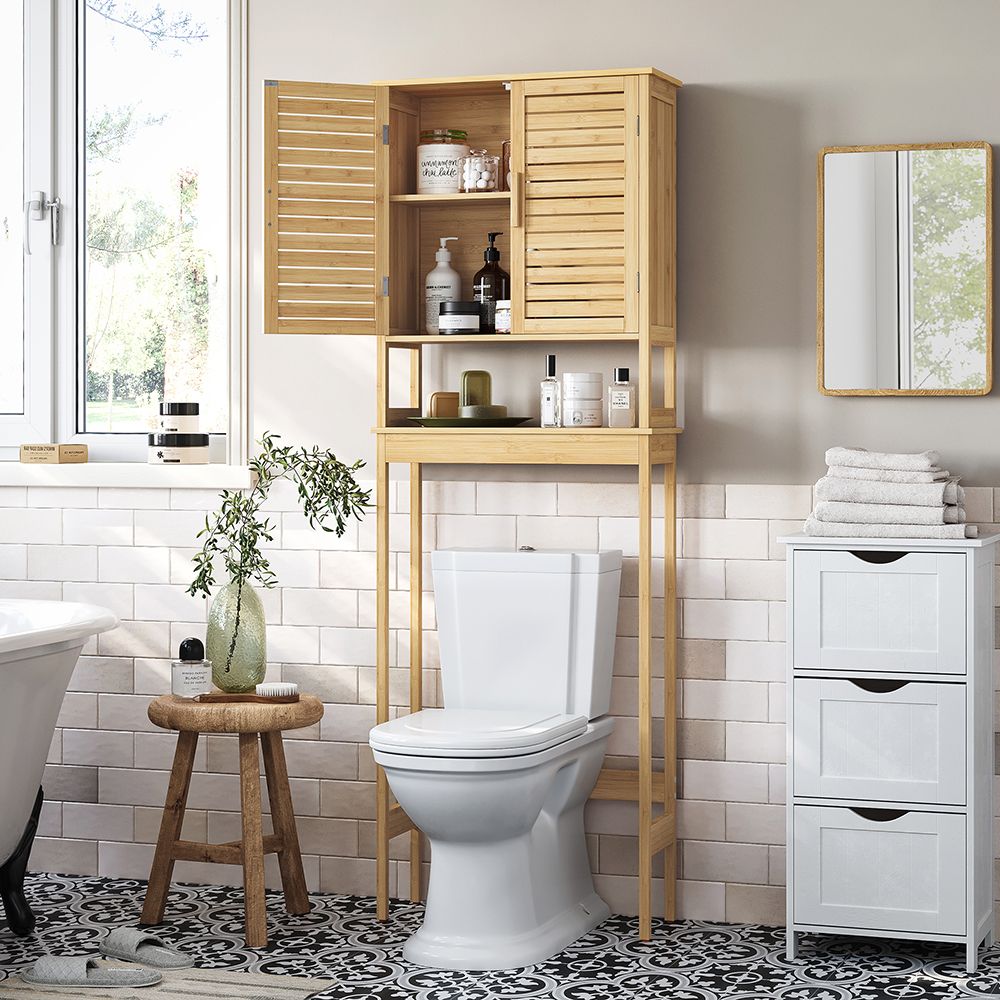 Over The Toilet Storage Cabinet - Bamboo - With Doors And Shelves