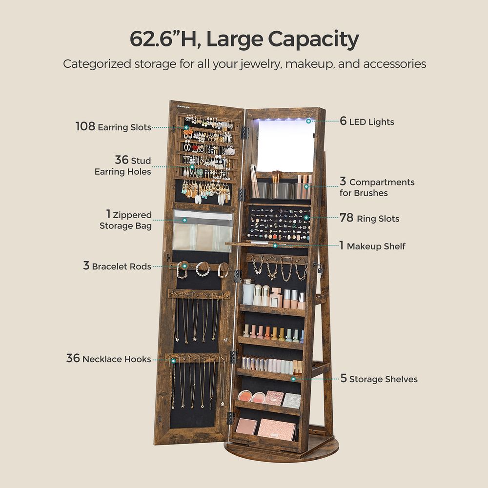 Jewelry Cabinet Standing - Full Length Mirror - Adjustable LED Lights