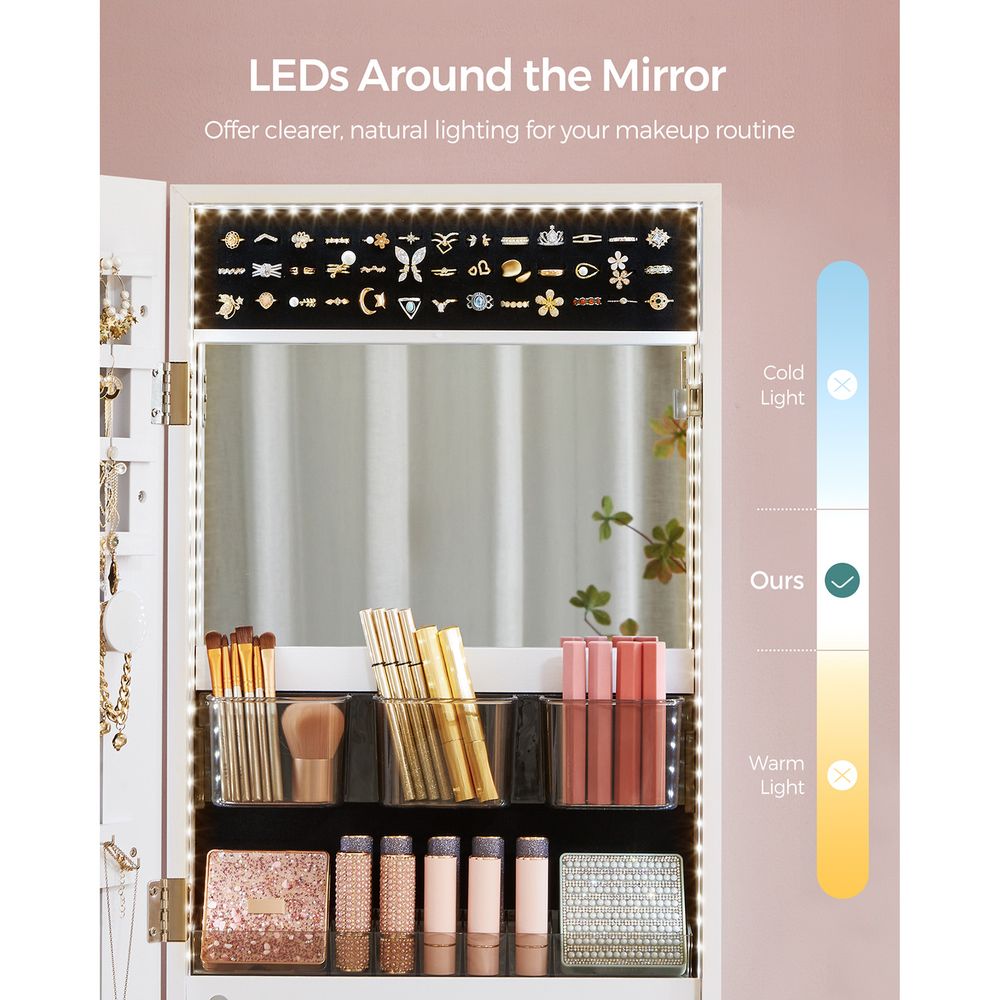 Jewelry Armoire Organizer - LED Lights - Wall Or Door Mounted Mirror