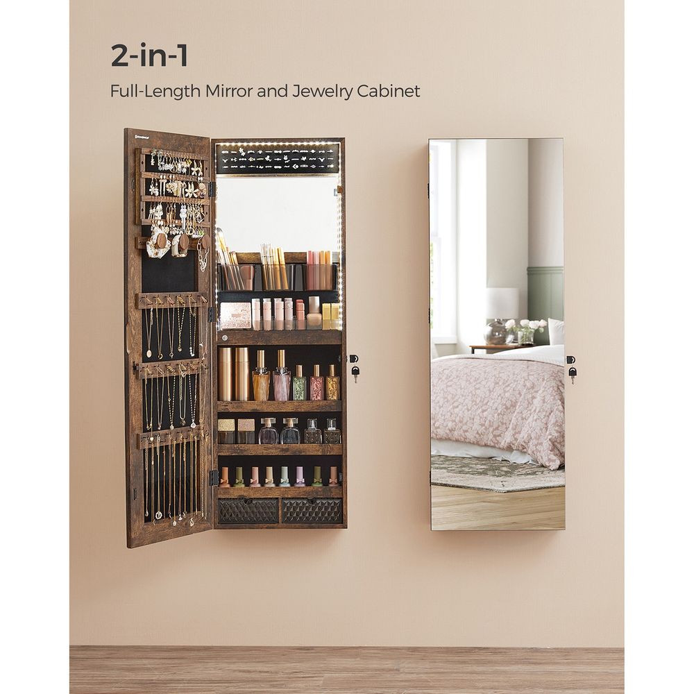 Jewelry Armoire Organizer - LED Lights - Wall Or Door Mounted Mirror