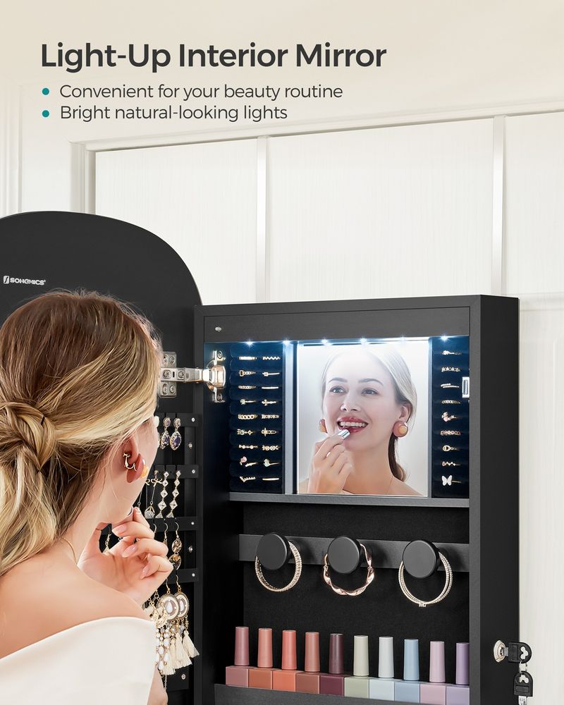 Wall Mounted Jewelry Organizer - Mirror Cabinet - LED Interior Light