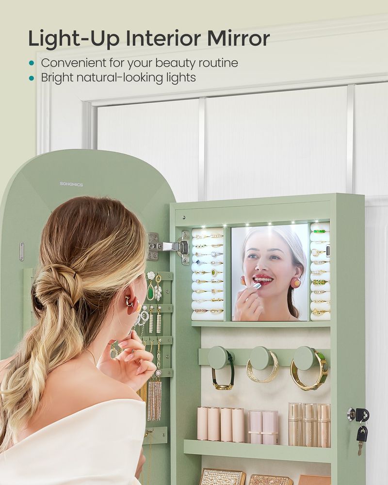 Wall Mounted Jewelry Organizer - Mirror Cabinet - LED Interior Light