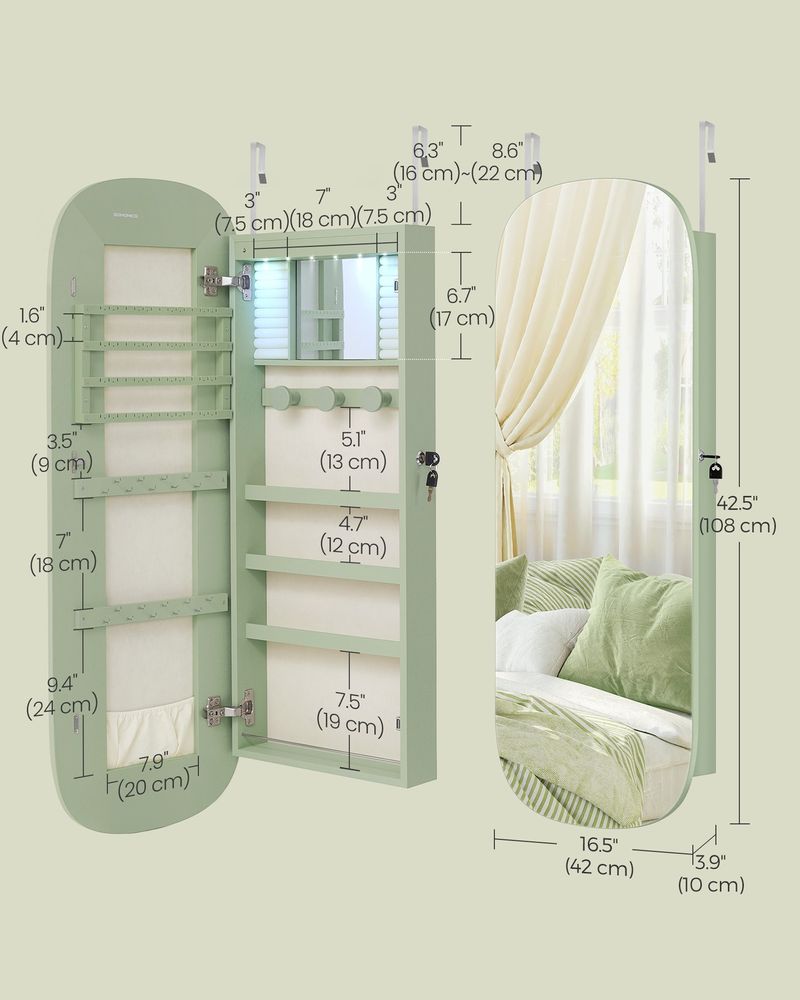 Wall Mounted Jewelry Organizer - Mirror Cabinet - LED Interior Light