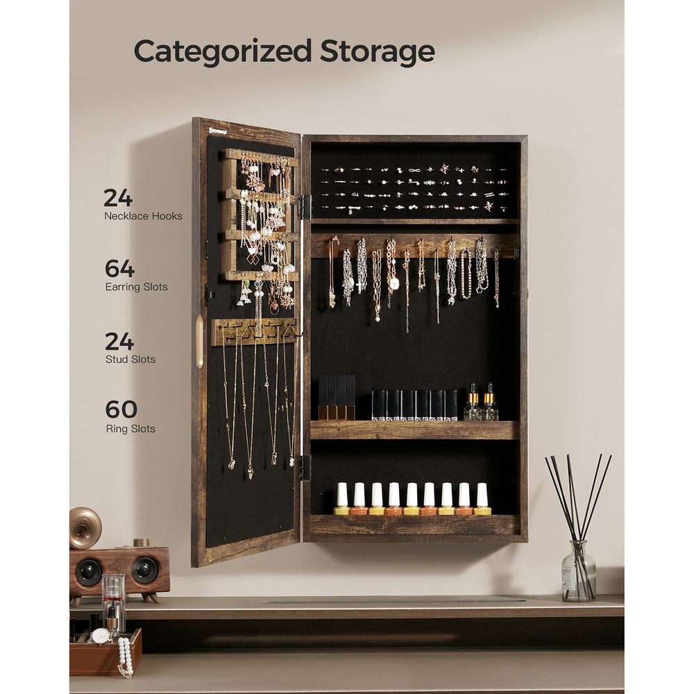 Jewelry Cabinet Armoire - Lockable Mirror - Wall Mounted Storage