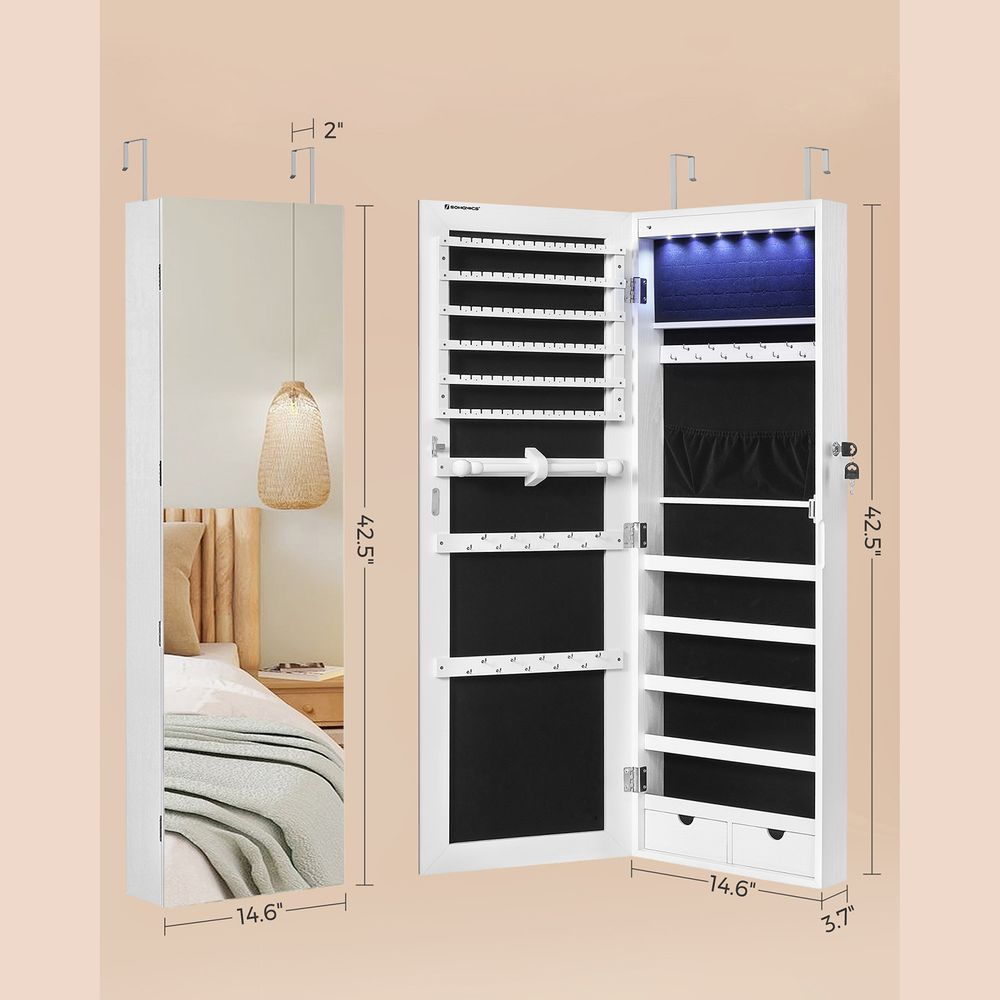 Jewelry Armoire Cabinet - Wall Mounted - LED Lights - Full Length Mirror