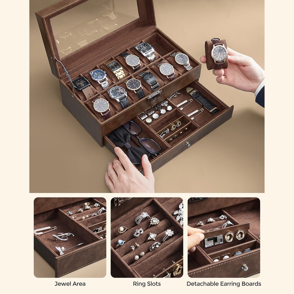 Watch Case Organizer - 6 Slot Lockable - Glass Lid Storage
