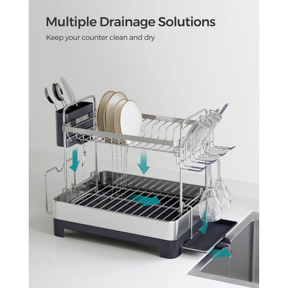 2 Tier Dish Rack With Drainboard Rotatable Extendable Spout