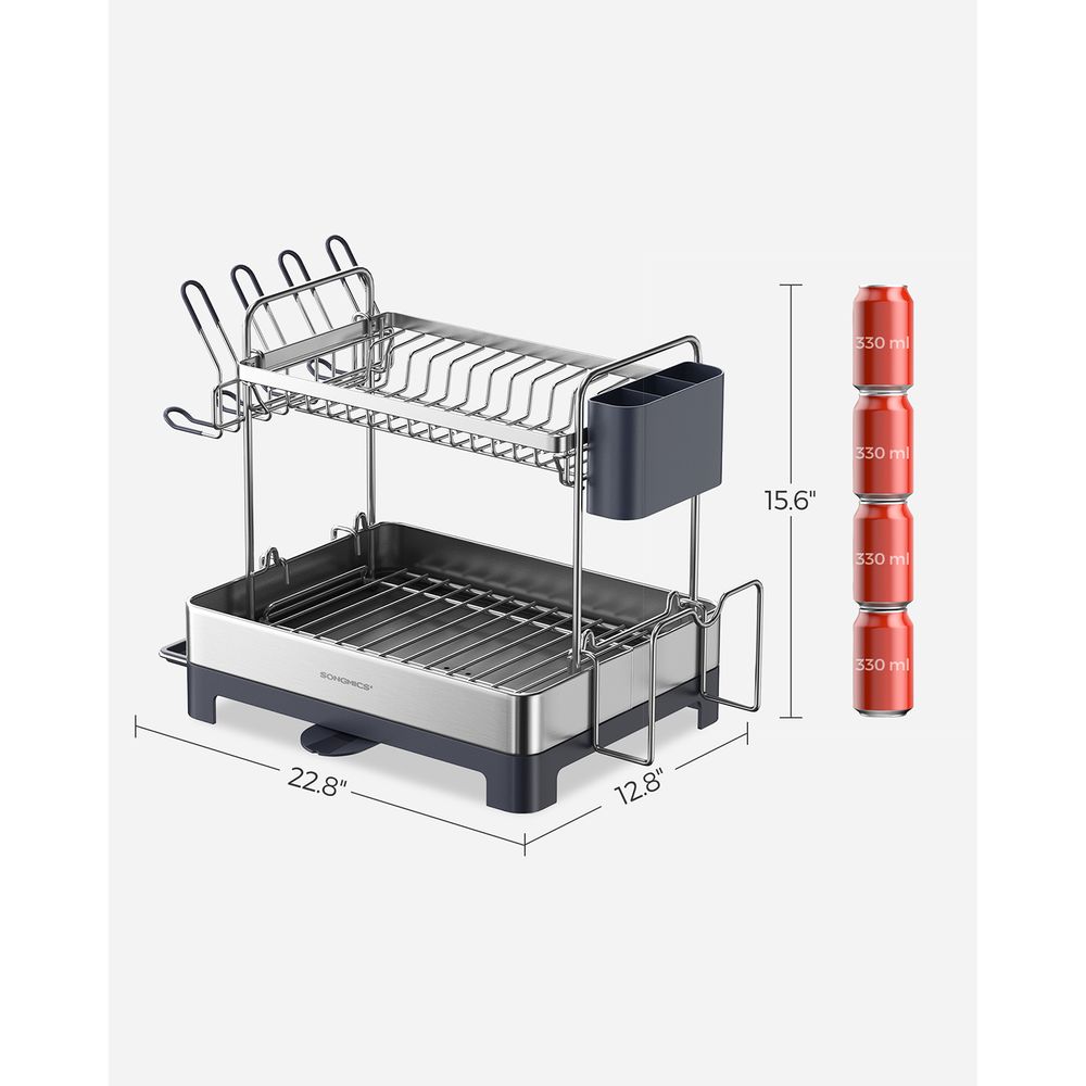 2 Tier Dish Rack With Drainboard Rotatable Extendable Spout