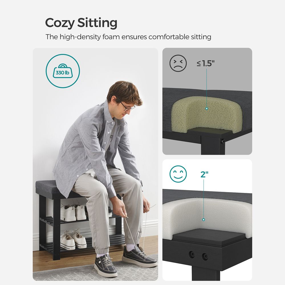 Shoe Bench - 3 Tier Bamboo - Cushioned Seat With Storage