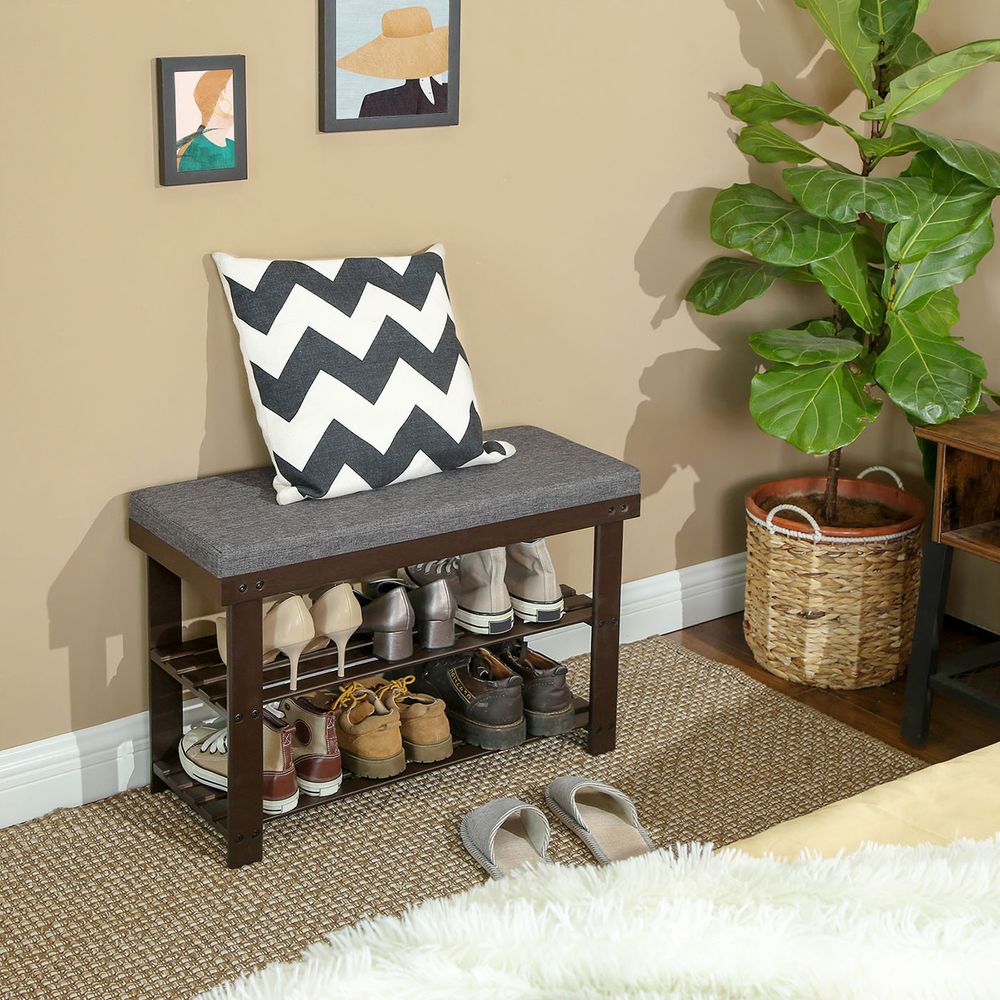 Shoe Bench - 3 Tier Bamboo - Cushioned Seat With Storage