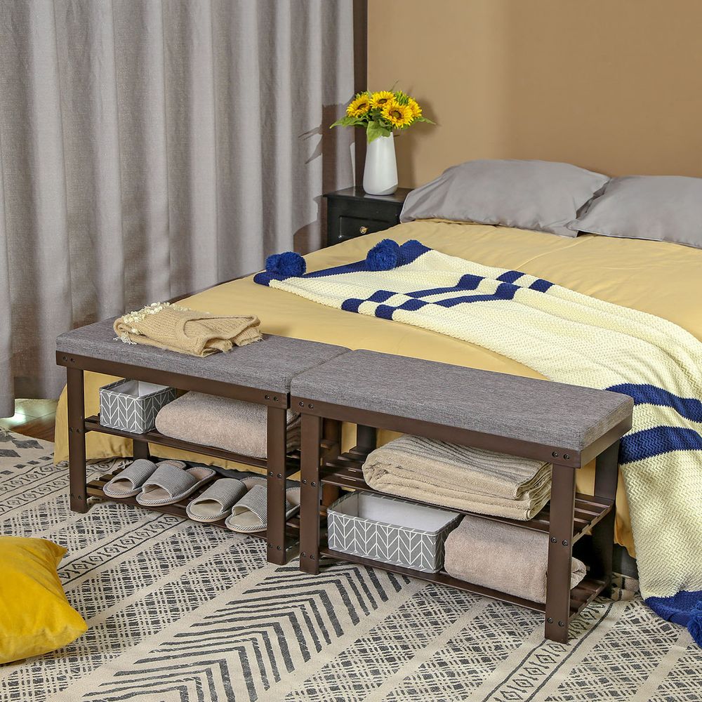 Shoe Bench - 3 Tier Bamboo - Cushioned Seat With Storage