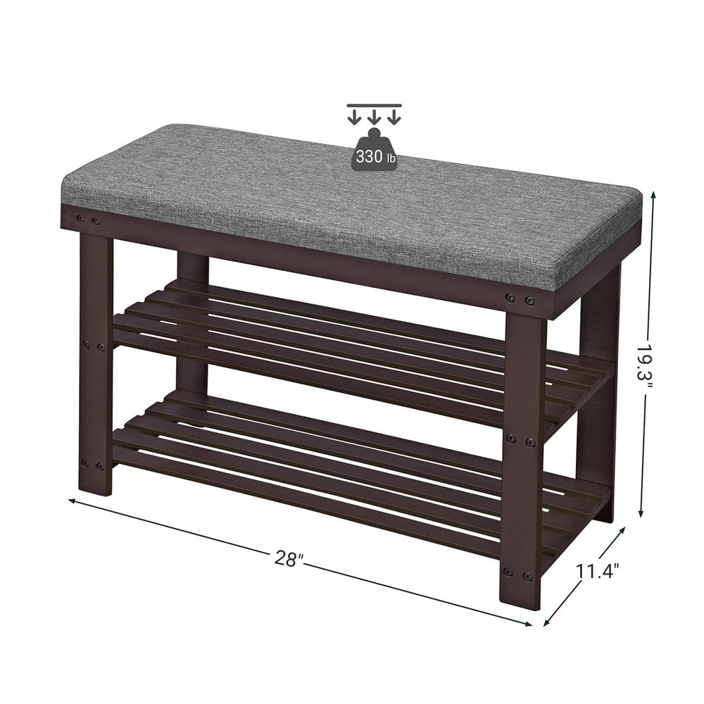 Shoe Bench - 3 Tier Bamboo - Cushioned Seat With Storage