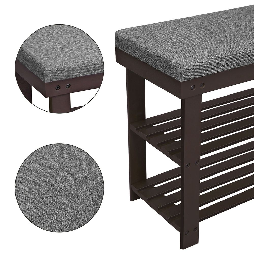 Shoe Bench - 3 Tier Bamboo - Cushioned Seat With Storage